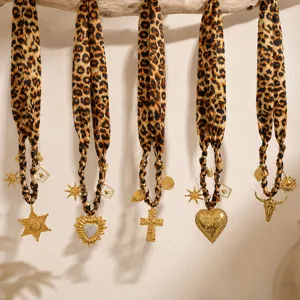 Leopard Print Scarf Necklace For Women Stainless Steel Maillard Style Multi-Pendant Vintage Rhinestone Sweater Chain DIY Jewelry