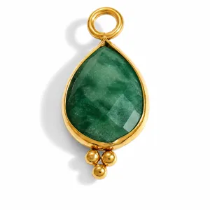 Close-up of green natural stone water drop pendant with gold stainless steel beads