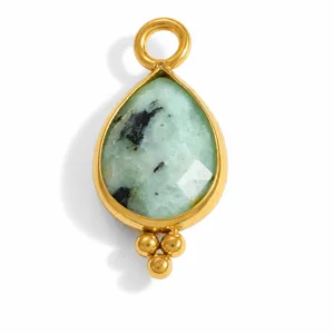 Macro view of teardrop shaped light green natural stone pendant in gold stainless steel
