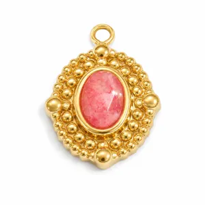 Detailed view of a vintage style gold stainless steel pendant with pink natural stone