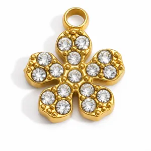 Detailed close-up of a gold stainless steel flower pendant with clear rhinestones.