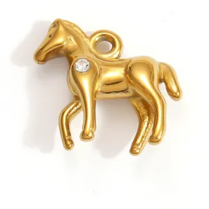 Golden stainless steel horse pendant charm with clear rhinestone for DIY jewelry making.