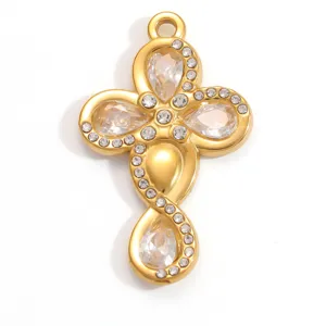 Exquisite golden stainless steel cross pendant featuring sparkling pear-shaped crystals for DIY