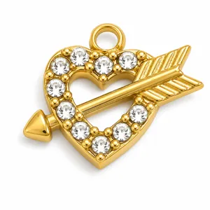 Gold heart pendant with Cupid's arrow and sparkling crystals for DIY jewelry making