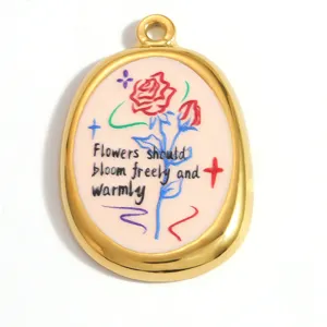Close-up detail of a gold stainless steel oval pendant featuring a rose and English text