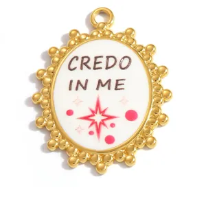 Detailed view of stainless steel oval pendant with 'CREDO IN ME' and red star