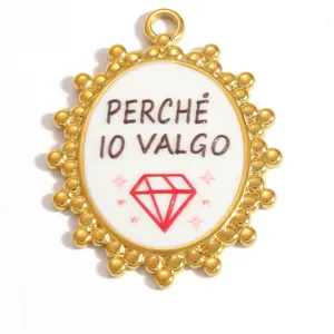 Macro view of gold stainless steel pendant featuring Italian quote and red diamond icon