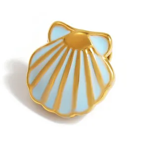 Close-up of elegant gold-plated shell buckle with blue enamel for sandal decoration DIY.