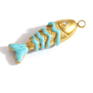 Goldener Fischanhänger aus Edelstahl mit blauer Emaille und funkelndem Strassstein