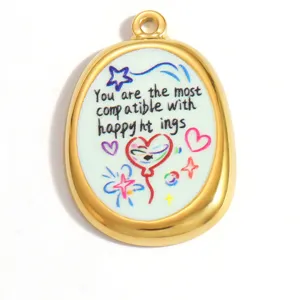 Close-up of oval stainless steel pendant with hand-drawn happy things illustration