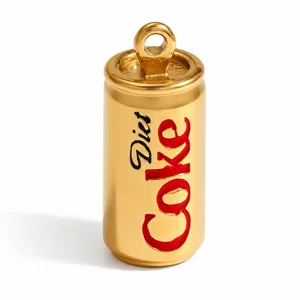 Close-up of a golden stainless steel Diet Coke soda can charm for DIY jewelry making