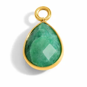 Detailed view of a faceted teardrop green natural stone pendant with gold stainless steel bezel