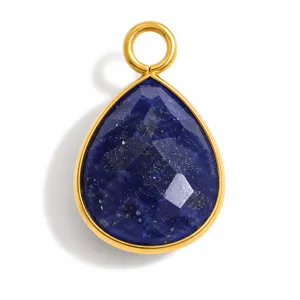 Close-up detail view of pear-cut blue lapis lazuli pendant with gold-plated steel bezel