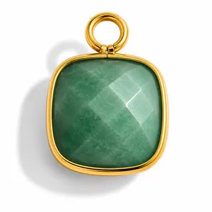 Elegant gold-plated stainless steel square green natural stone pendant for DIY jewelry design