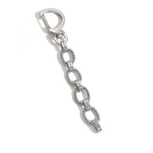 Close-up detail of silver stainless steel rope chain bag charm with durable D-clasp