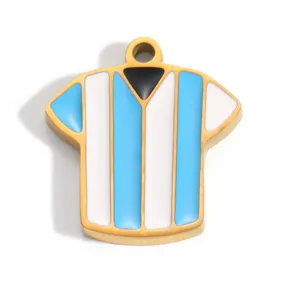 Detailed view of a stainless steel football jersey pendant with blue and white stripes