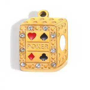 Detailed macro view of gold-plated stainless steel poker slot machine pendant with clear crystals