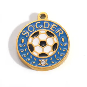 Macro shot of a gold-plated stainless steel soccer ball pendant with blue enamel
