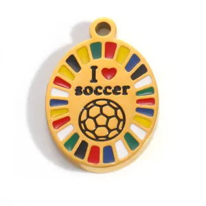 Close-up detail of gold-plated stainless steel I love soccer sports themed pendant charm