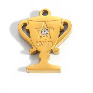 Detailed view of gold-plated stainless steel trophy pendant with star and "win" engraving.