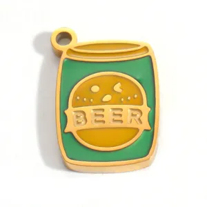 Detailed close-up of a green and gold beer can shaped stainless steel pendant charm