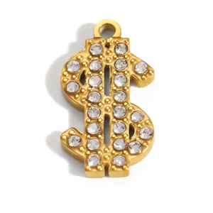 Detailed view of a gold-plated stainless steel dollar sign pendant with rhinestones
