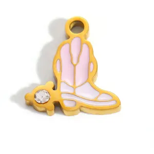 Elegant gold plated pink enamel cowboy boot pendant charm with sparkling rhinestone accent