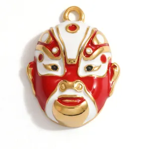 Macro view of traditional Chinese Peking Opera mask pendant with red and gold enamel