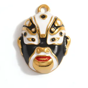 Detail of a Peking Opera mask pendant in gold-plated stainless steel with enamel.