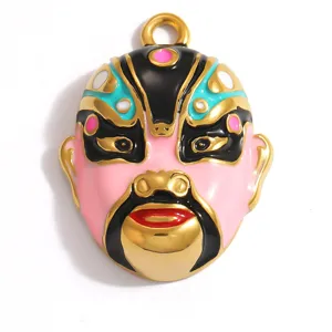 Detailed macro view of gold-plated stainless steel Chinese opera mask enamel pendant