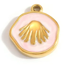 Goldener Muschel-Anhänger aus Edelstahl mit rosa Emaille für DIY-Schmuckherstellung