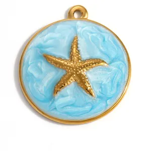 Detailed close-up of a ocean style golden starfish pendant with blue marbled resin infill