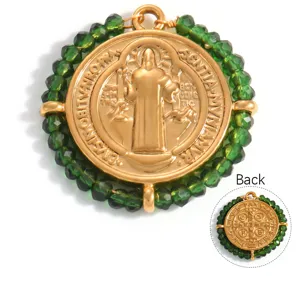 Detailed view of 18K gold plated Saint Benedict pendant with green beads front and back