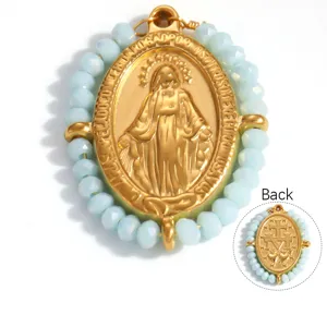 Detailed view of the Virgin Mary medal with light blue faceted beads and back symbols