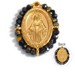 Detailed view of 18K gold plated Miraculous Medal pendant showing both front and back