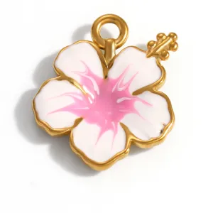 Detailed view of a hibiscus flower jewelry charm with pink white enamel and gold plating