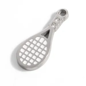High-detail view of a silver-toned tennis racket charm with sparkling crystal inlay.