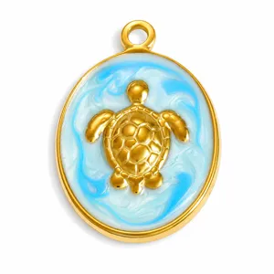 Golden sea turtle charm with ocean-blue enamel marbling for DIY jewelry design