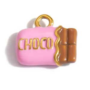 Close-up of pink and brown chocolate bar charm with gold embossed CHOCO text for DIY jewelry
