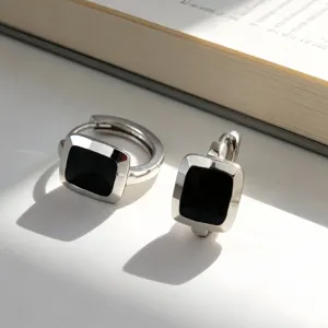 Orecchini a Cerchio Rettangolari Geometrici in Argento Sterling S925 per Donna Minimalisti Nero Bianco Goccia Colla Smalto Orecchini Huggie
