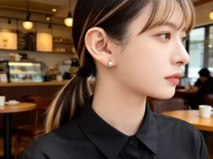 Primo piano di orecchini a cerchio minimalisti in argento S925 indossati in un caffè.