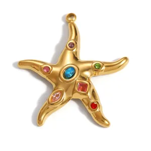 Ciondolo a forma di stella marina in acciaio inossidabile dorato con cristalli colorati.