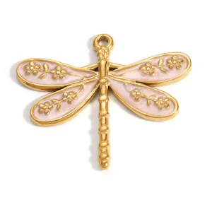 Gold-plated stainless steel dragonfly pendant with pink floral enamel for DIY jewelry