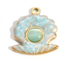 Elegant gold plated stainless steel sea shell pendant with green cat eye stone