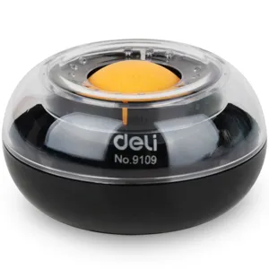 Deli 9109 desktop sponge moistener for cash counting and office paperwork, black and orange.
