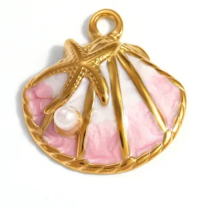 Close-up of ocean-themed shell and starfish pendant with pink enamel and pearl