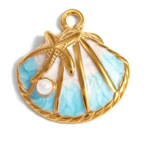 Detailed macro view of ocean shell pendant with starfish, pearl, and blue enamel
