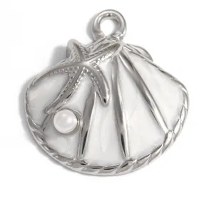 Close-up detail of a silver-finished shell pendant featuring a starfish and pearl accent