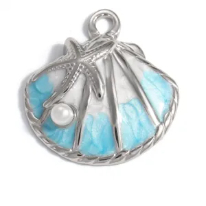 Detailed close-up of a stainless steel ocean shell pendant with starfish and pearl
