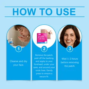 Detailed instruction graphic showing step by step how to apply anti wrinkle face patches correctly.